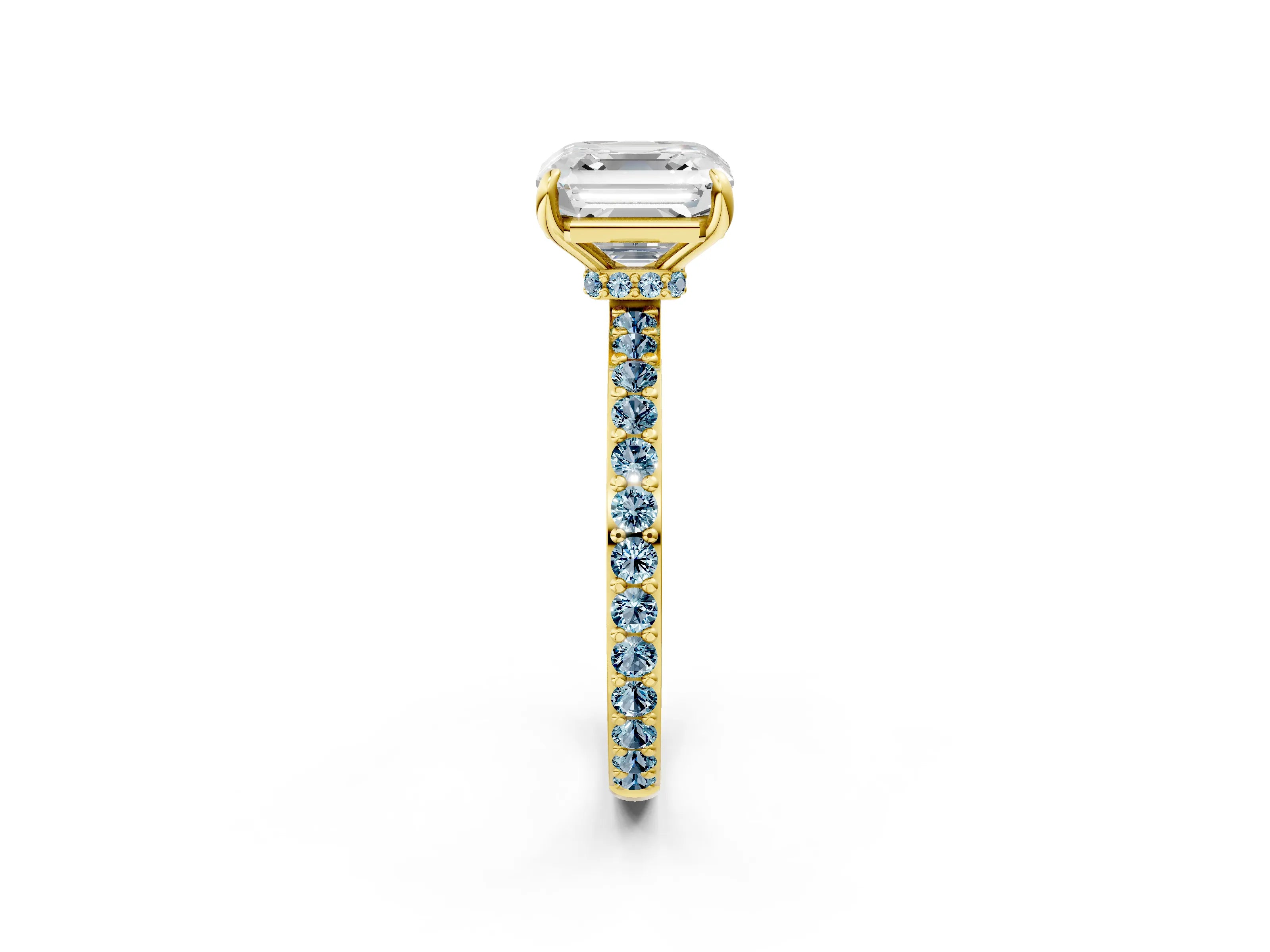 Yellow gold Asscher Cut Diamond Pavé Engagement Ring with Round with Aquamarine side stone Accents and Prong Setting_2
