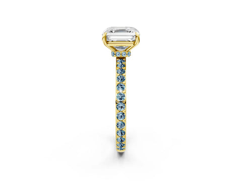 Yellow gold Asscher Cut Diamond Pavé Engagement Ring with Round with Aquamarine side stone Accents and Prong Setting_2