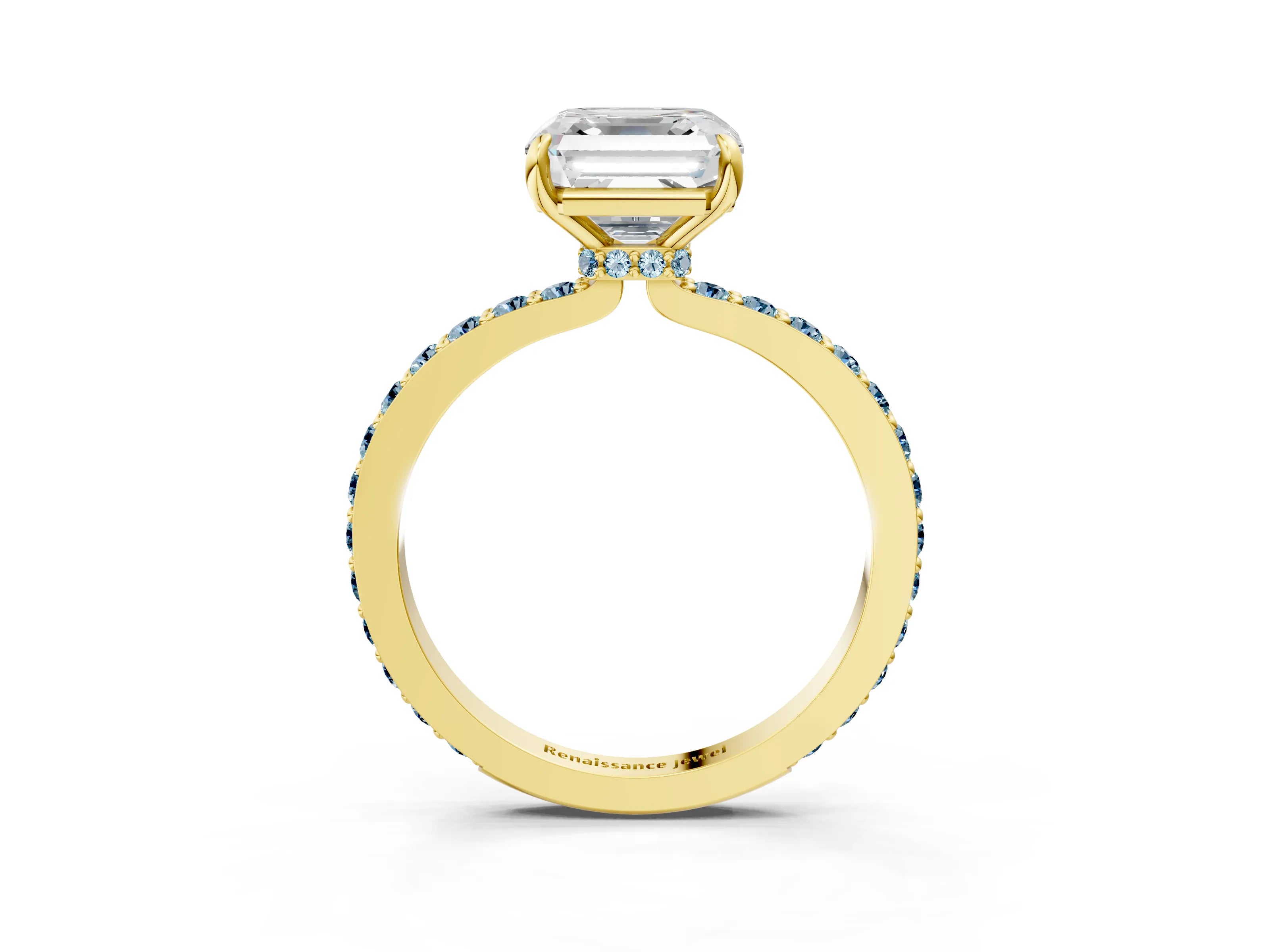 Yellow gold Asscher Cut Diamond Pavé Engagement Ring with Round with Aquamarine side stone Accents and Prong Setting_3