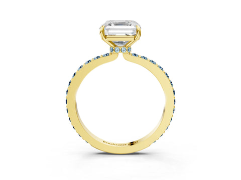 Yellow gold Asscher Cut Diamond Pavé Engagement Ring with Round with Aquamarine side stone Accents and Prong Setting_3