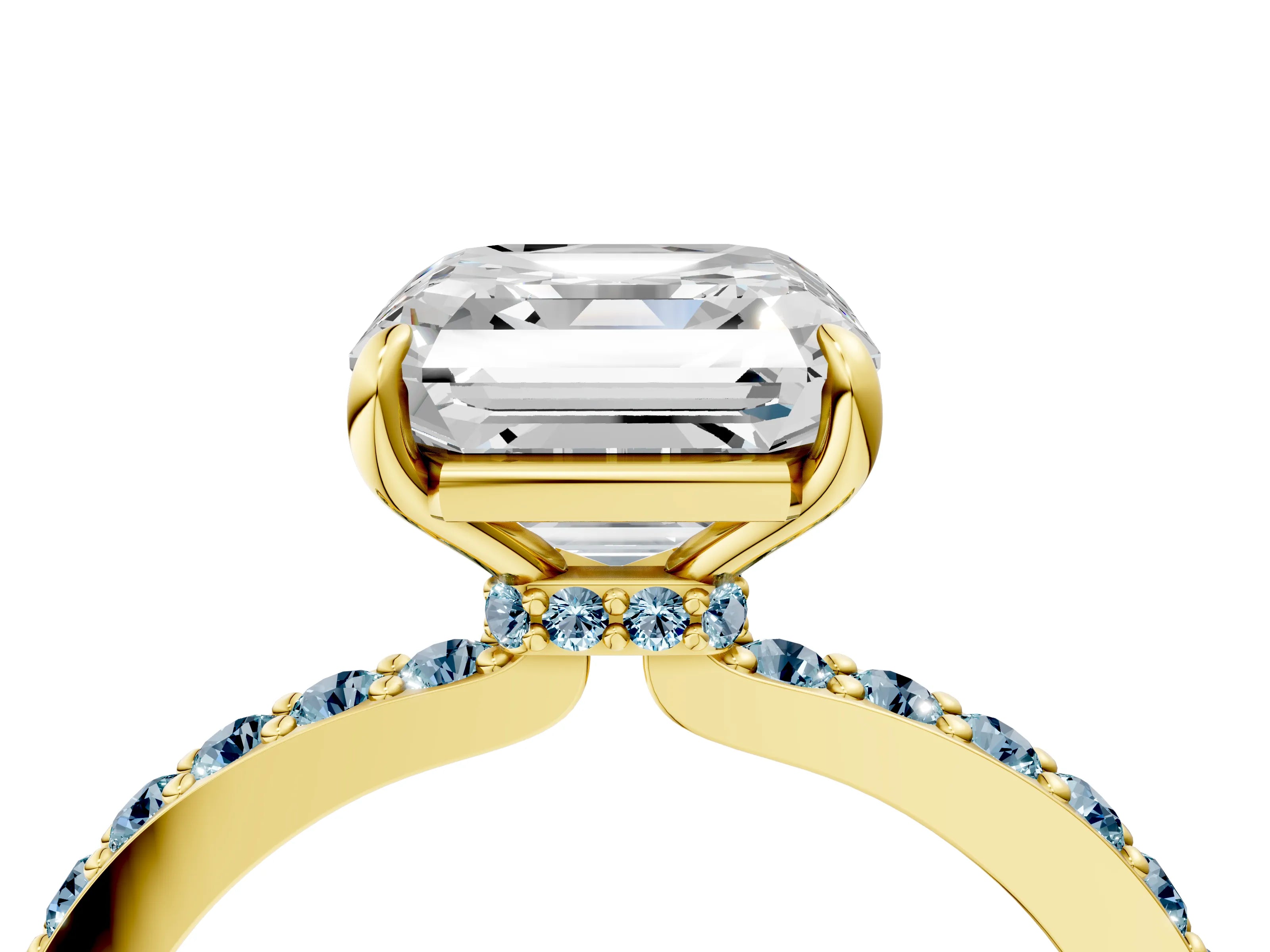 Yellow gold Asscher Cut Diamond Pavé Engagement Ring with Round with Aquamarine side stone Accents and Prong Setting_4
