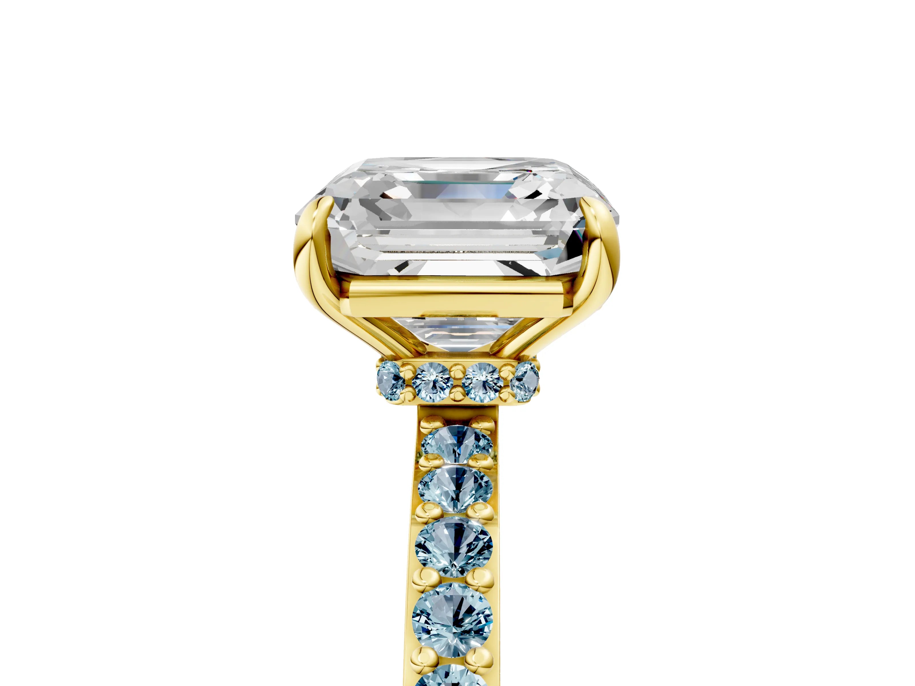 Yellow gold Asscher Cut Diamond Pavé Engagement Ring with Round with Aquamarine side stone Accents and Prong Setting_5