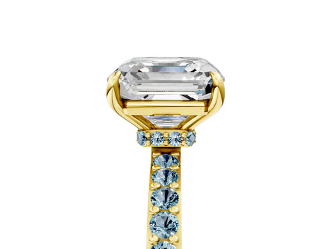 Yellow gold Asscher Cut Diamond Pavé Engagement Ring with Round with Aquamarine side stone Accents and Prong Setting_5