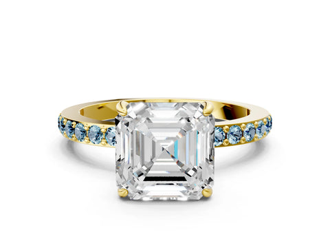 Yellow gold Asscher Cut Diamond Pavé Engagement Ring with Round with Aquamarine side stone Accents and Prong Setting