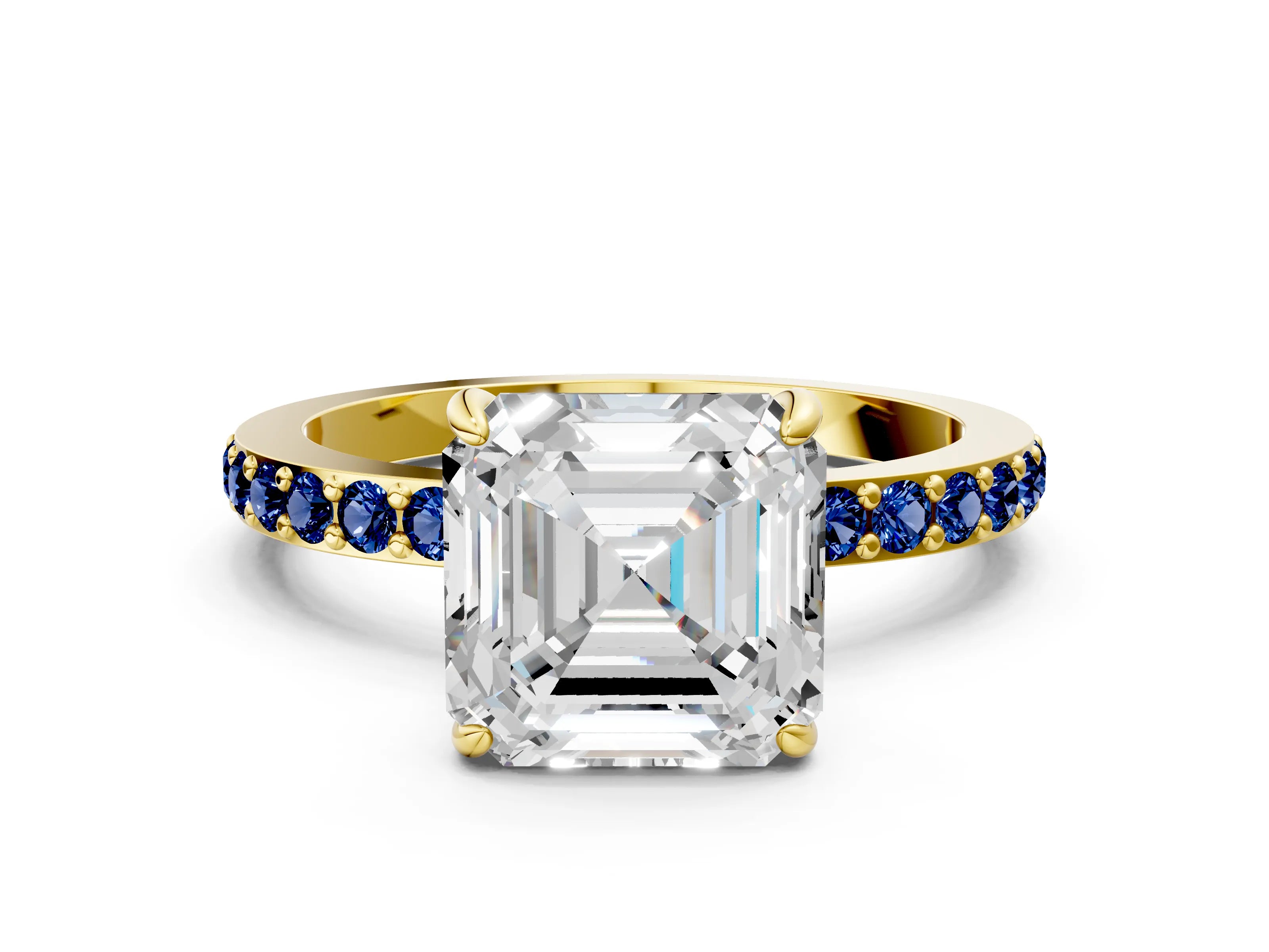 Yellow gold Asscher Cut Diamond Pavé Engagement Ring with Round with Blue Sapphire side stone Accents and Prong Setting
