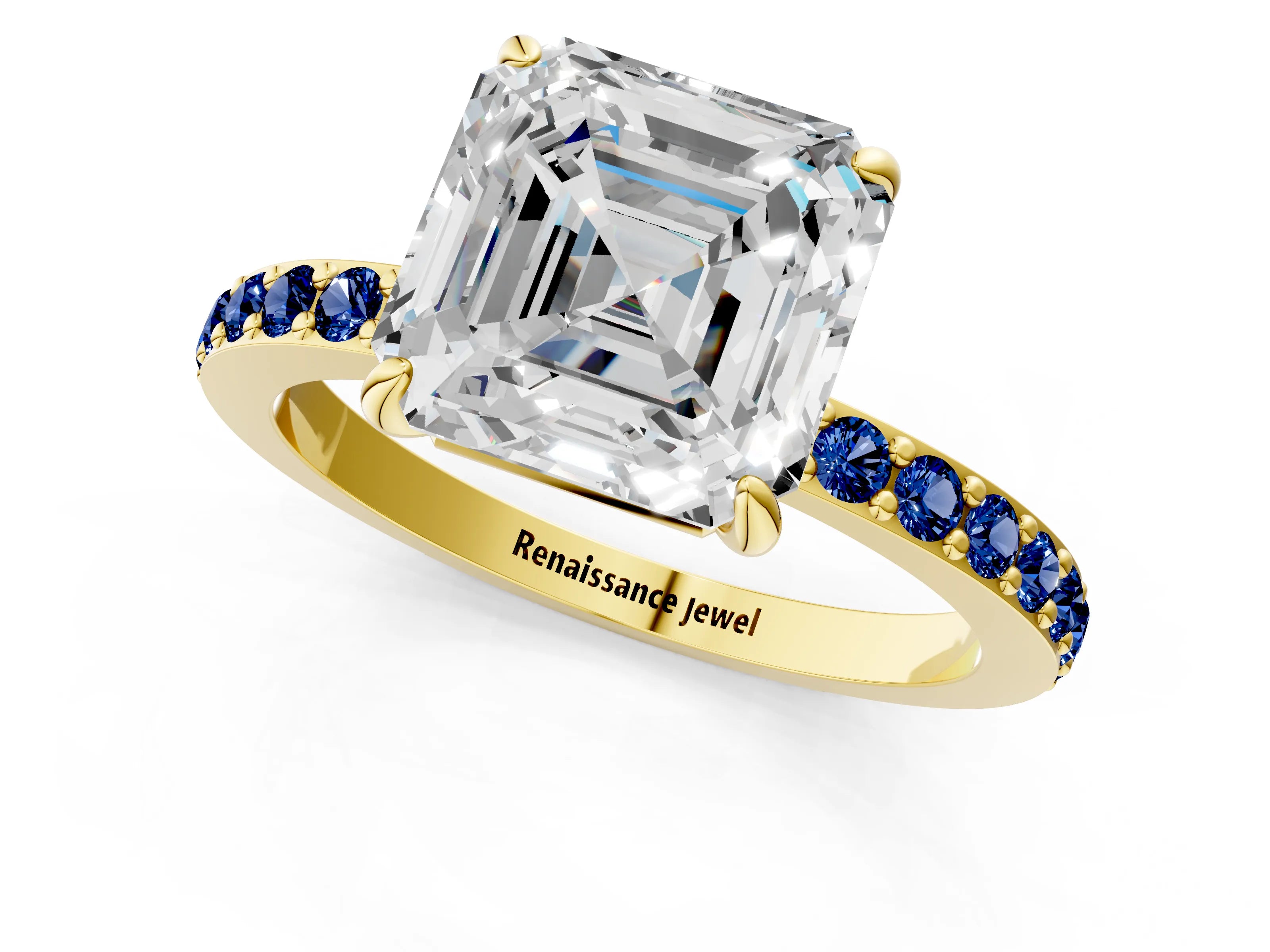 Yellow gold Asscher Cut Diamond Pavé Engagement Ring with Round with Blue Sapphire side stone Accents and Prong Setting_1