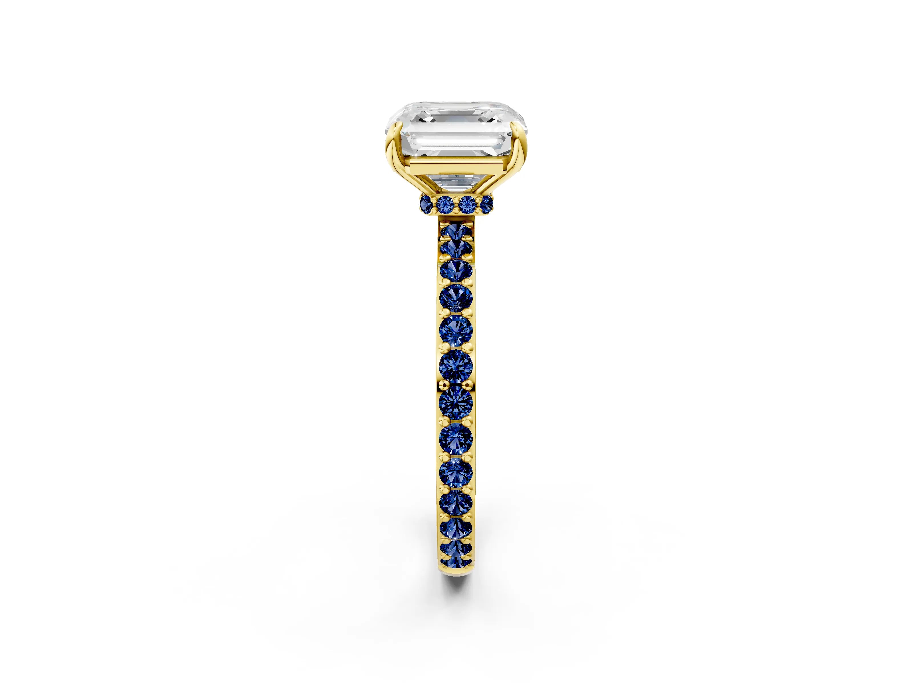 Yellow gold Asscher Cut Diamond Pavé Engagement Ring with Round with Blue Sapphire side stone Accents and Prong Setting_2