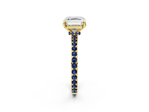 Yellow gold Asscher Cut Diamond Pavé Engagement Ring with Round with Blue Sapphire side stone Accents and Prong Setting_2