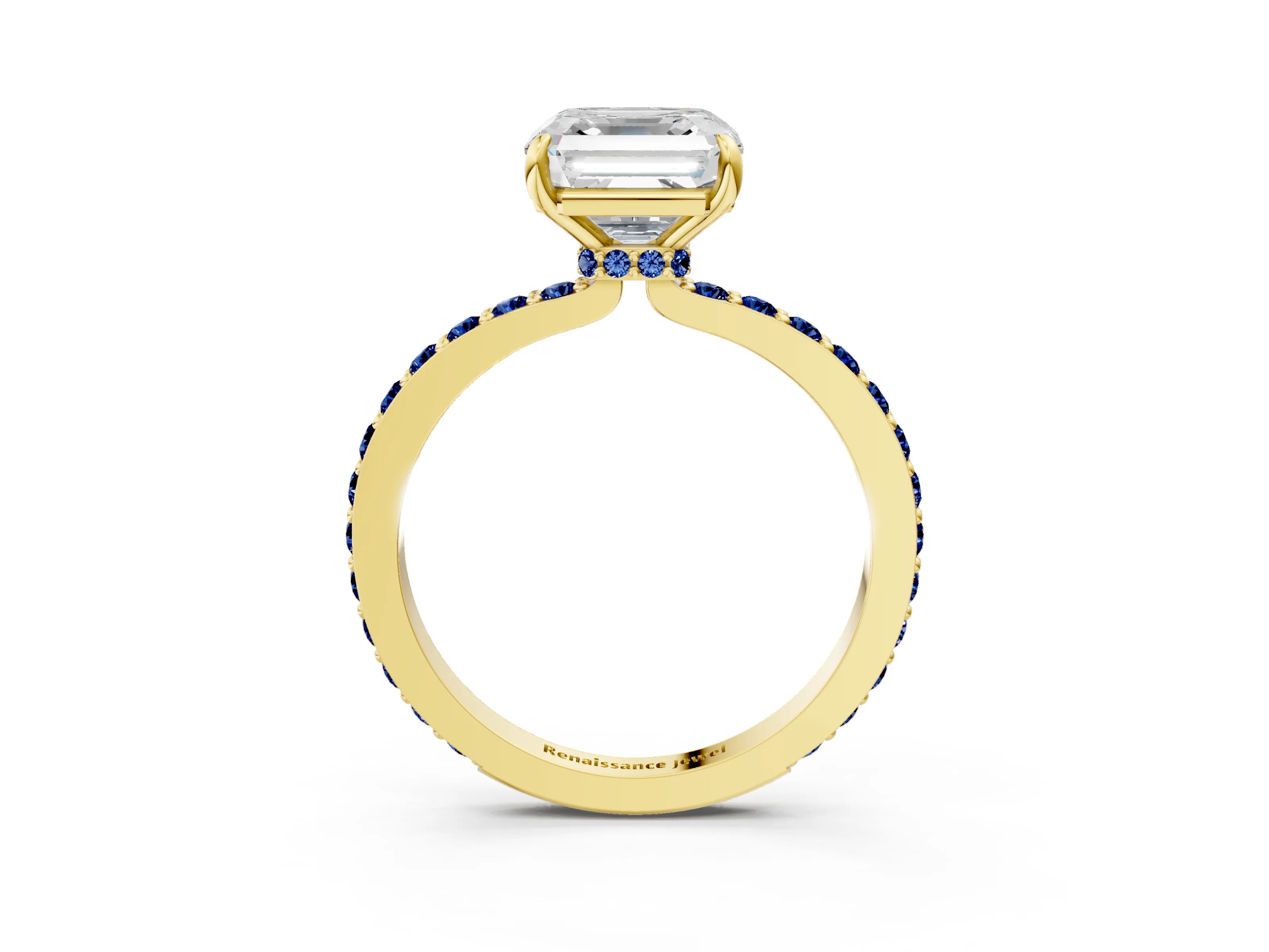 Yellow gold Asscher Cut Diamond Pavé Engagement Ring with Round with Blue Sapphire side stone Accents and Prong Setting_3