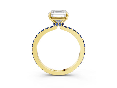 Yellow gold Asscher Cut Diamond Pavé Engagement Ring with Round with Blue Sapphire side stone Accents and Prong Setting_3