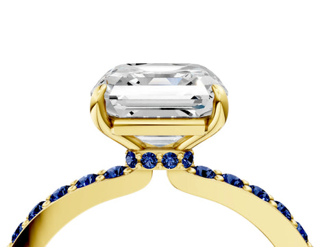 Yellow gold Asscher Cut Diamond Pavé Engagement Ring with Round with Blue Sapphire side stone Accents and Prong Setting_4
