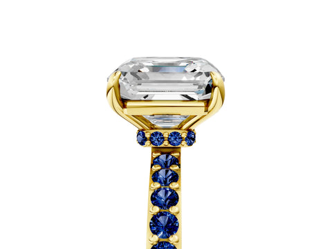 Yellow gold Asscher Cut Diamond Pavé Engagement Ring with Round with Blue Sapphire side stone Accents and Prong Setting_5