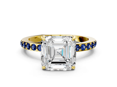 Yellow gold Asscher Cut Diamond Pavé Engagement Ring with Round with Blue Sapphire side stone Accents and Prong Setting