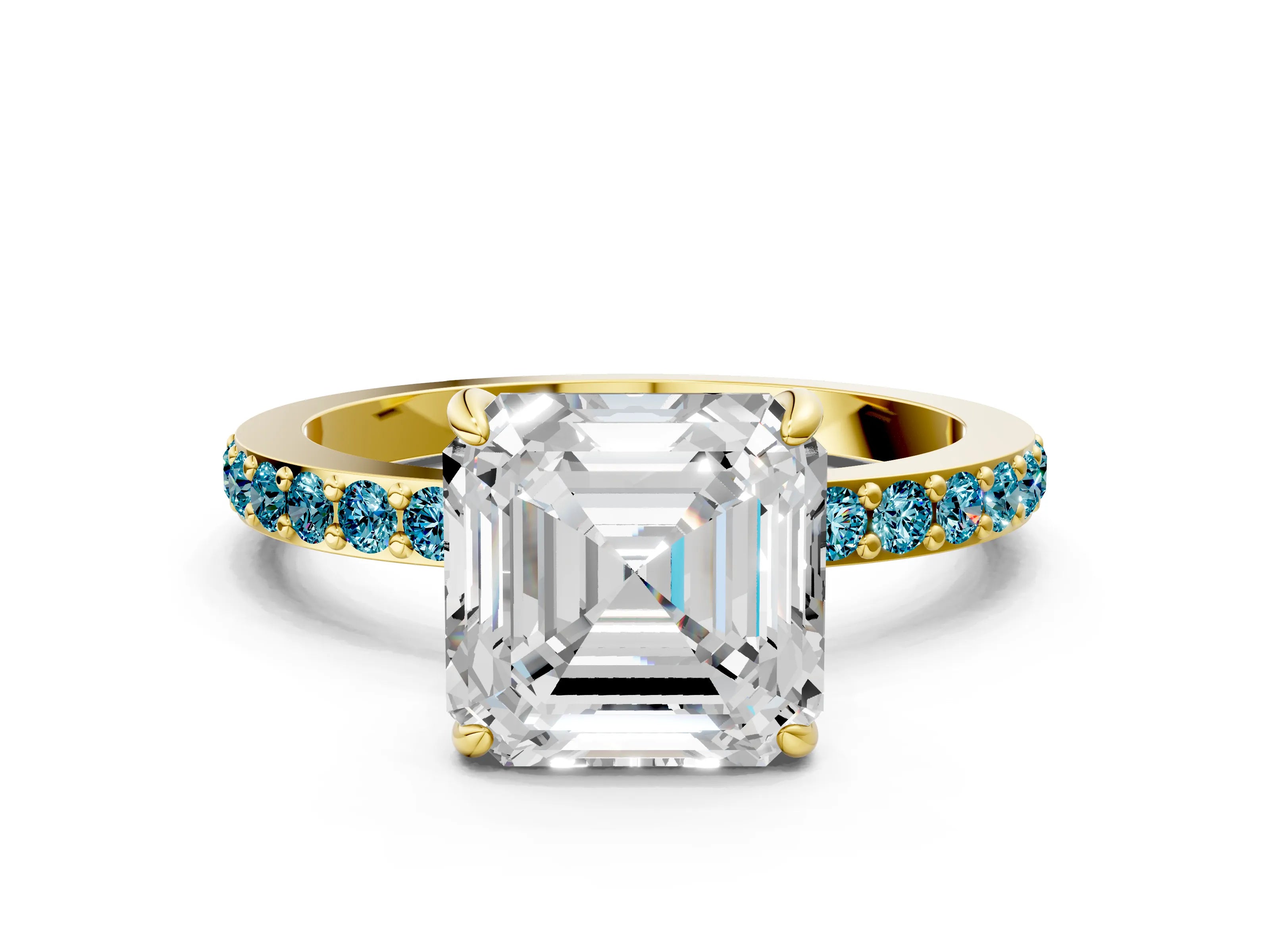 Yellow gold Asscher Cut Diamond Pavé Engagement Ring with Round with Blue Topaz side stone Accents and Prong Setting