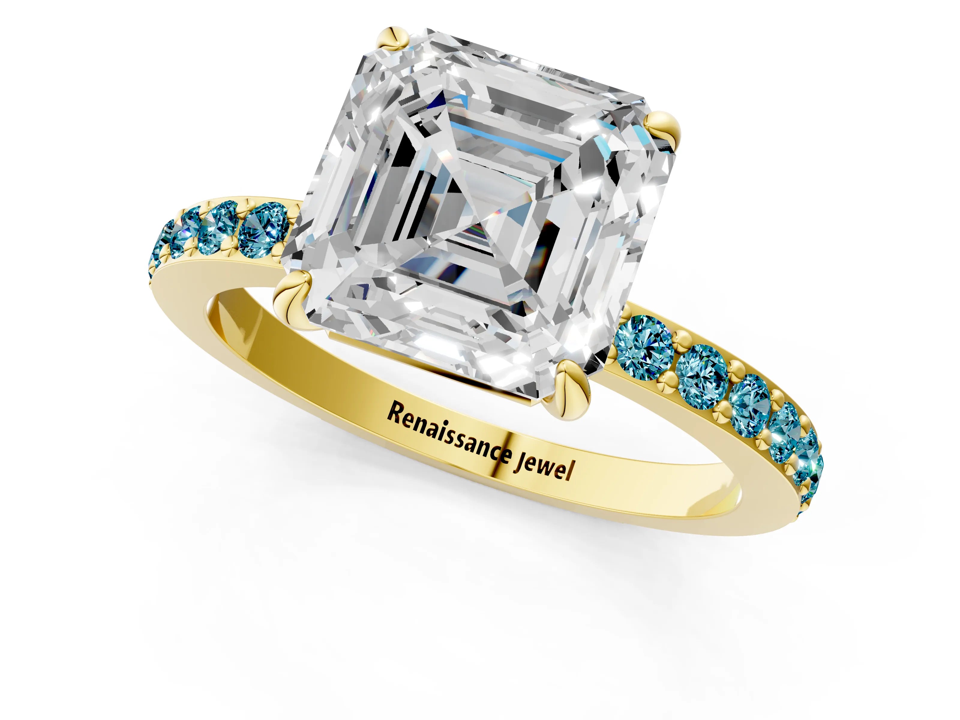 Yellow gold Asscher Cut Diamond Pavé Engagement Ring with Round with Blue Topaz side stone Accents and Prong Setting_1