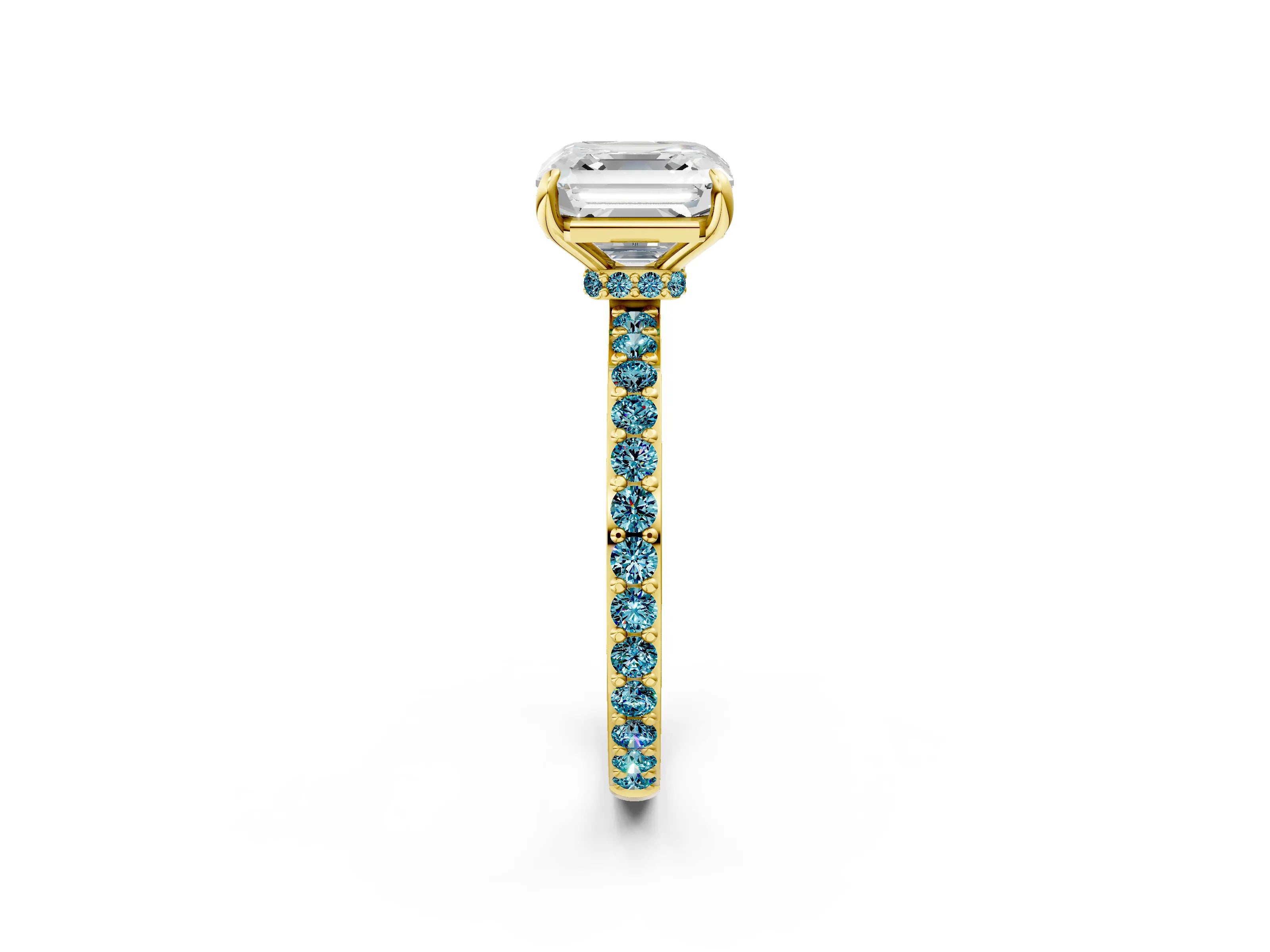 Yellow gold Asscher Cut Diamond Pavé Engagement Ring with Round with Blue Topaz side stone Accents and Prong Setting_2