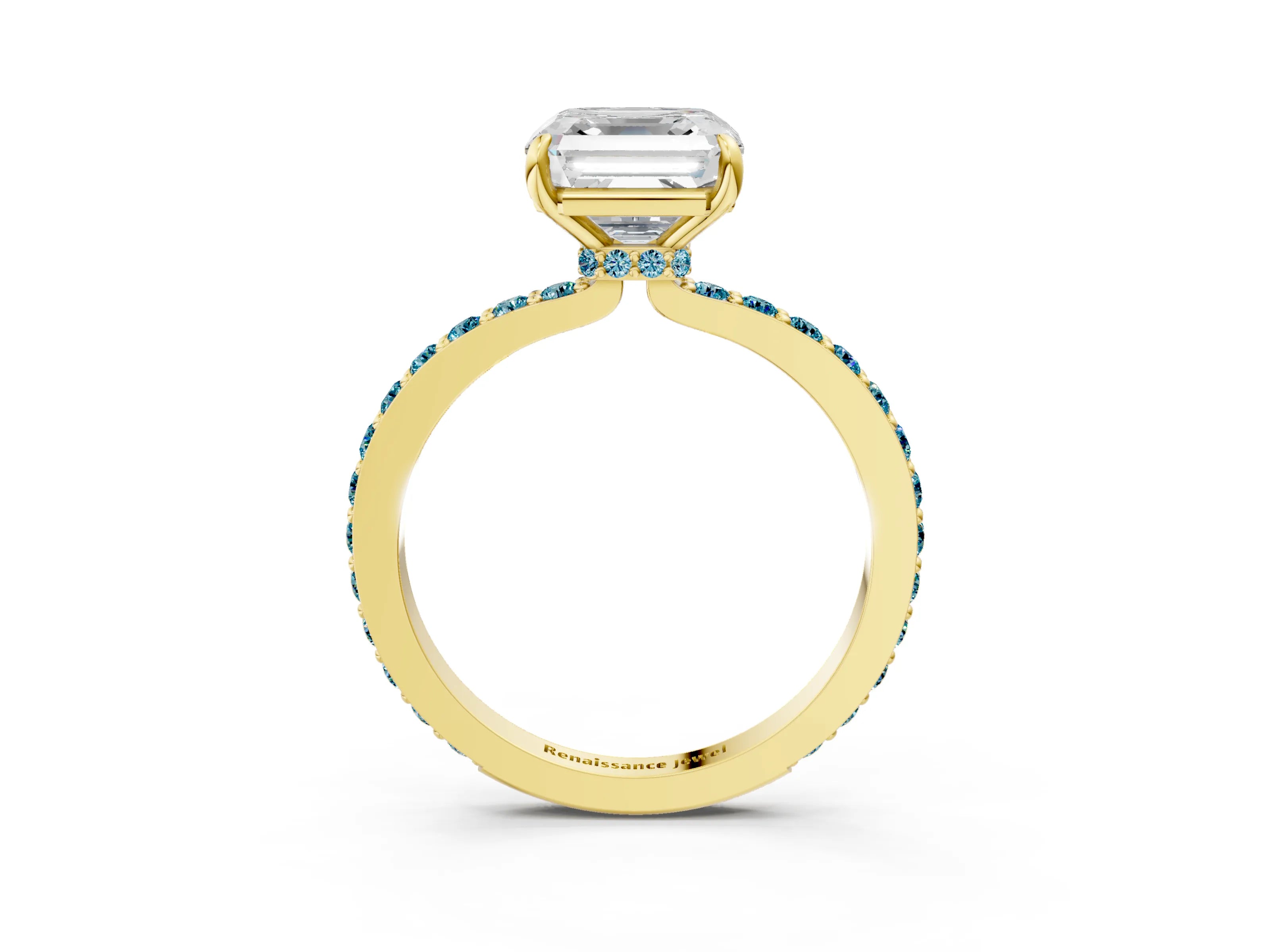 Yellow gold Asscher Cut Diamond Pavé Engagement Ring with Round with Blue Topaz side stone Accents and Prong Setting_3