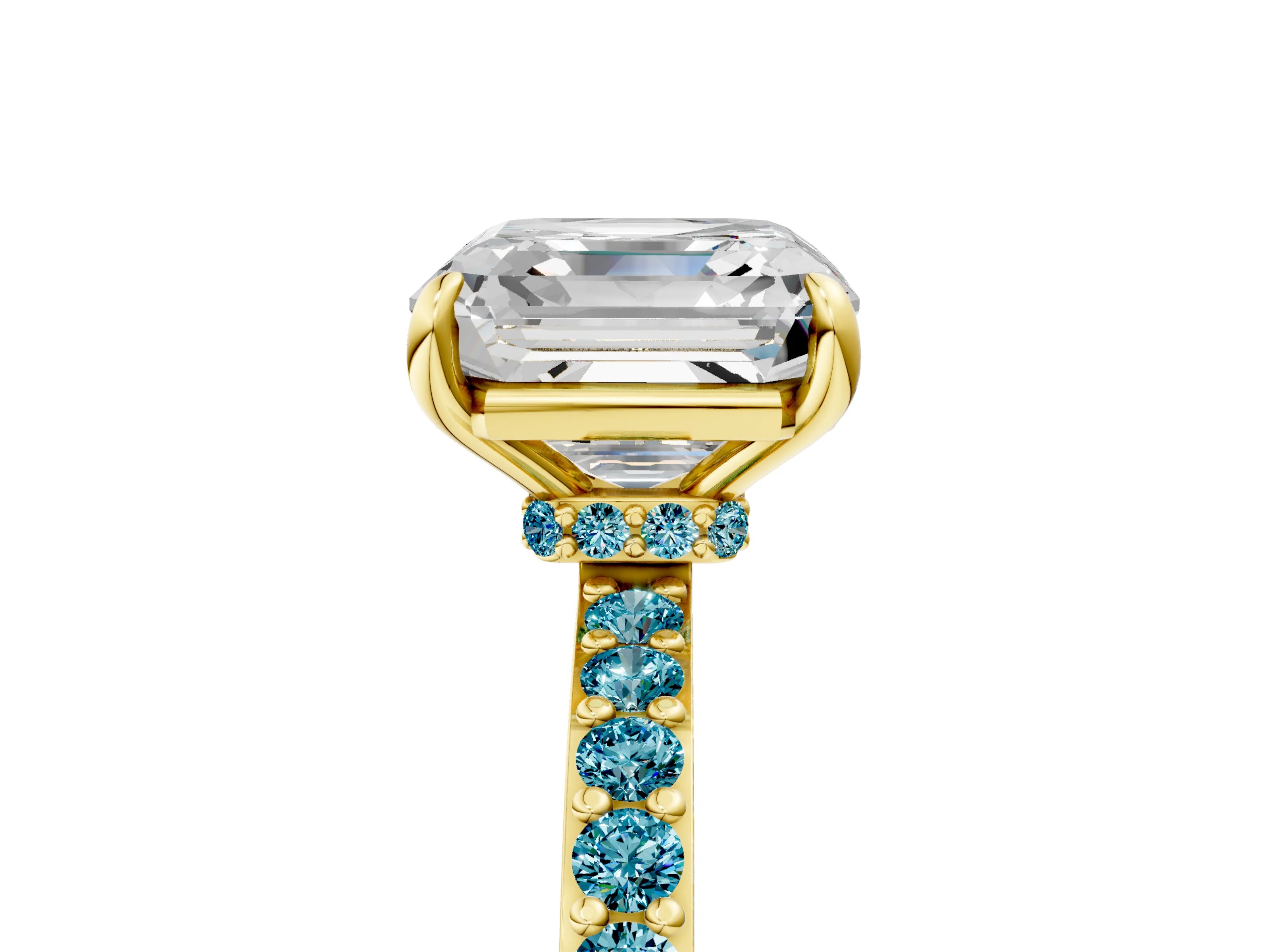 Yellow gold Asscher Cut Diamond Pavé Engagement Ring with Round with Blue Topaz side stone Accents and Prong Setting_5