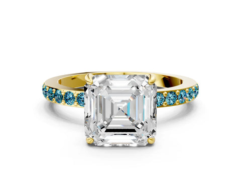 Yellow gold Asscher Cut Diamond Pavé Engagement Ring with Round with Blue Topaz side stone Accents and Prong Setting