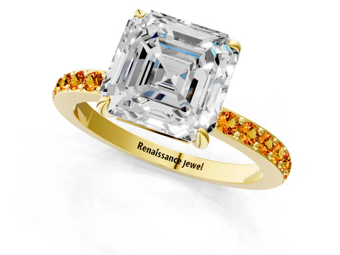 Yellow gold Asscher Cut Diamond Pavé Engagement Ring with Round with Citrine side stone Accents and Prong Setting_1