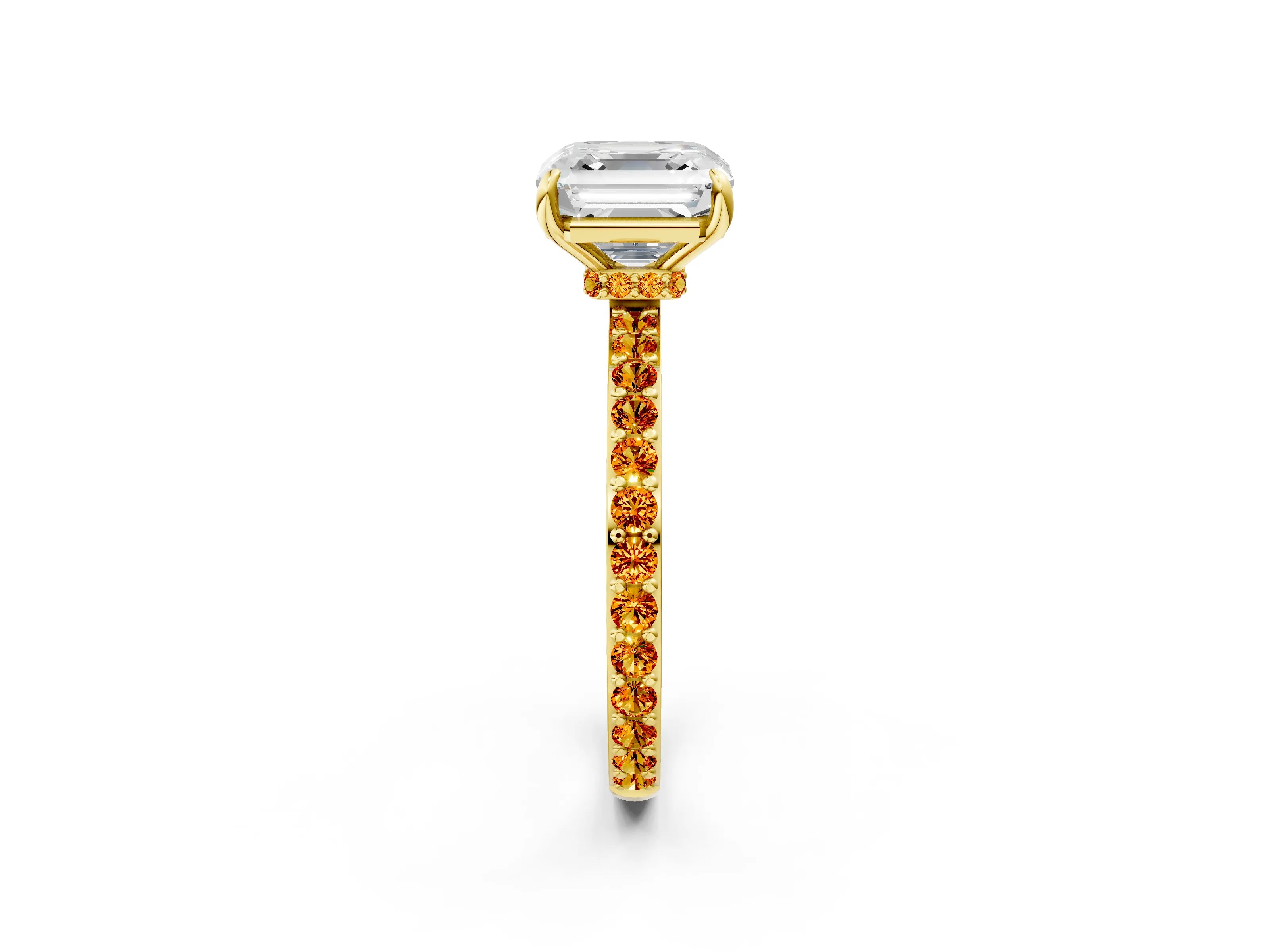 Yellow gold Asscher Cut Diamond Pavé Engagement Ring with Round with Citrine side stone Accents and Prong Setting_2