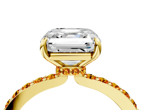 Yellow gold Asscher Cut Diamond Pavé Engagement Ring with Round with Citrine side stone Accents and Prong Setting_4