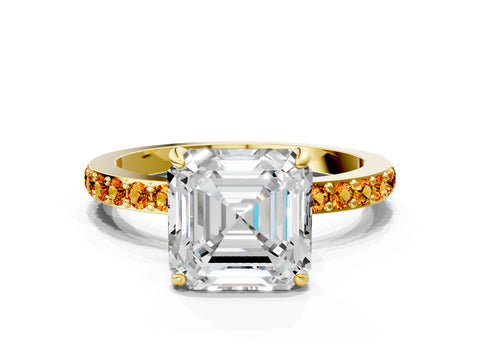 Yellow gold Asscher Cut Diamond Pavé Engagement Ring with Round with Citrine side stone Accents and Prong Setting