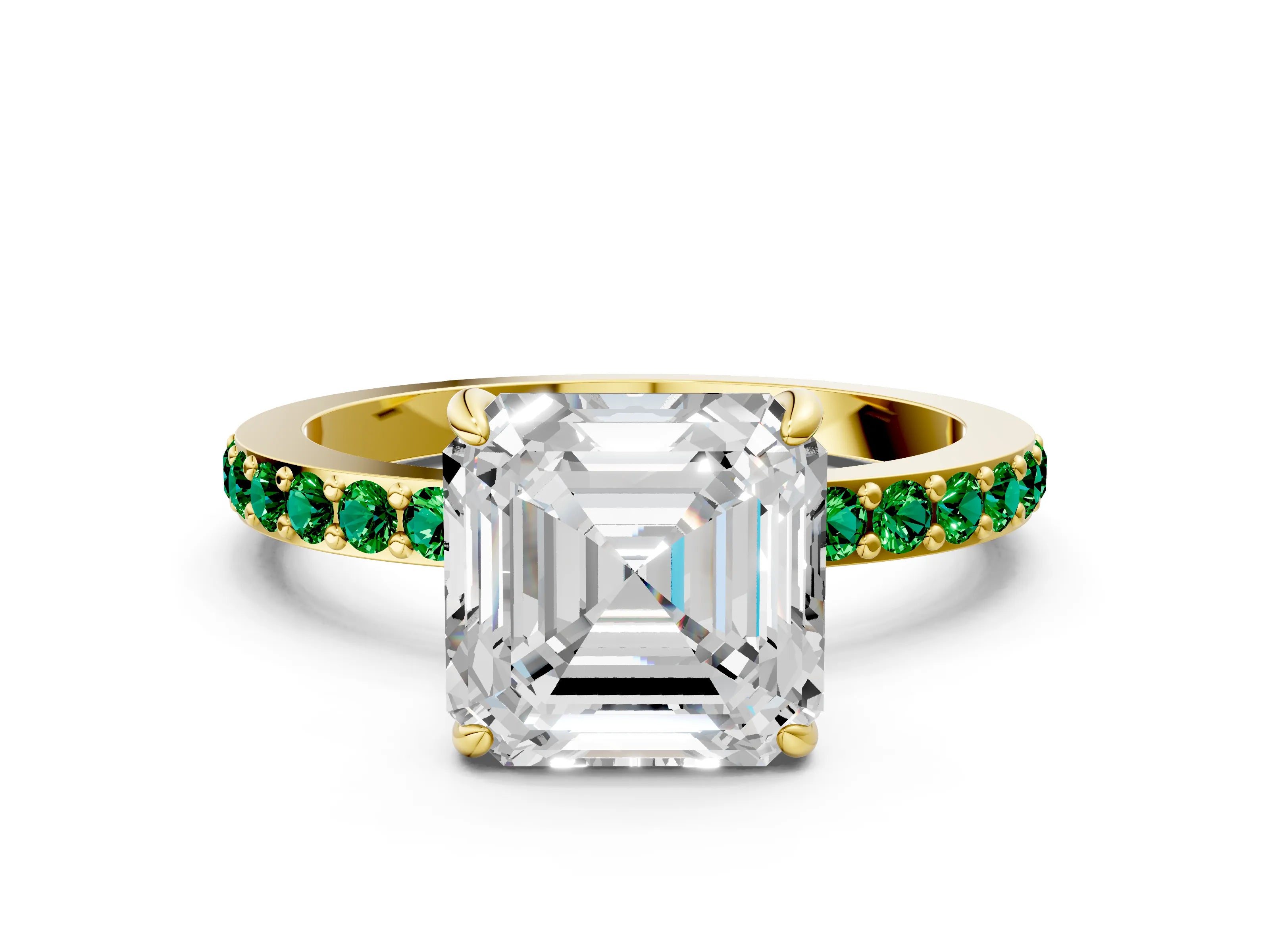 Yellow gold Asscher Cut Diamond Pavé Engagement Ring with Round with Emerald side stone Accents and Prong Setting