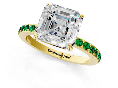 Yellow gold Asscher Cut Diamond Pavé Engagement Ring with Round with Emerald side stone Accents and Prong Setting_1