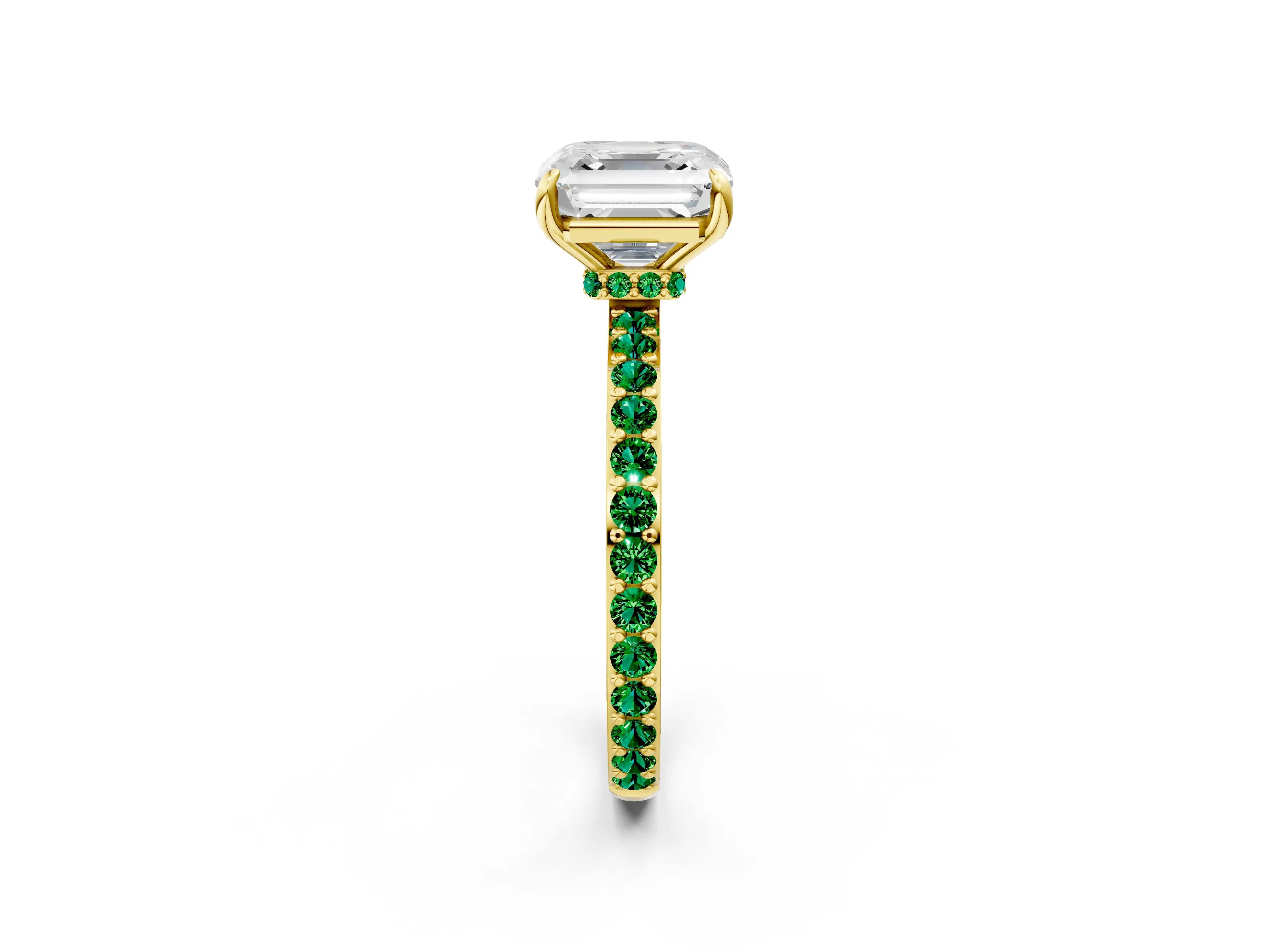 Yellow gold Asscher Cut Diamond Pavé Engagement Ring with Round with Emerald side stone Accents and Prong Setting_2