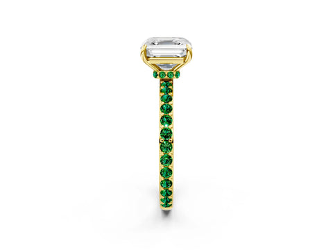 Yellow gold Asscher Cut Diamond Pavé Engagement Ring with Round with Emerald side stone Accents and Prong Setting_2