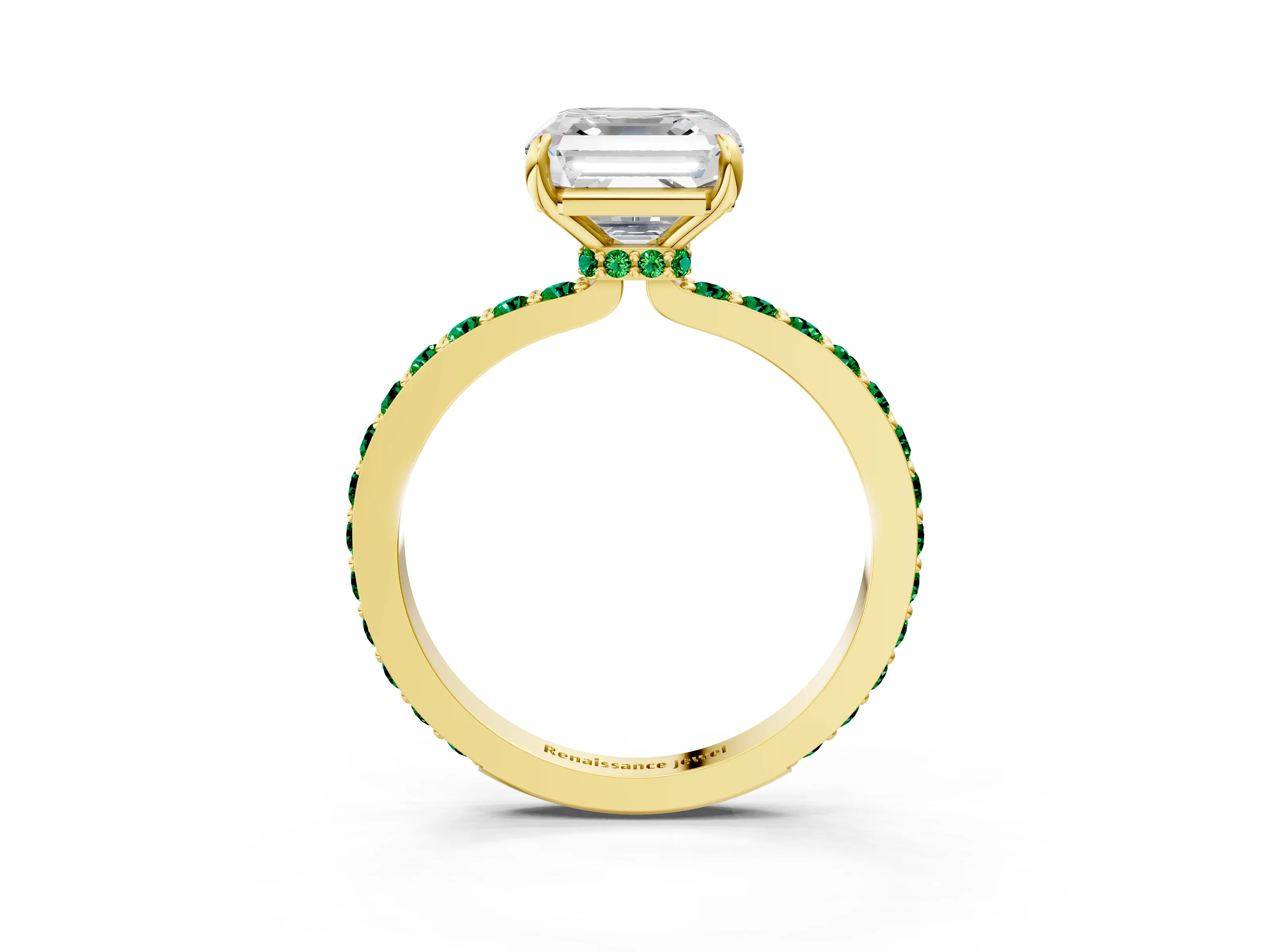 Yellow gold Asscher Cut Diamond Pavé Engagement Ring with Round with Emerald side stone Accents and Prong Setting_3
