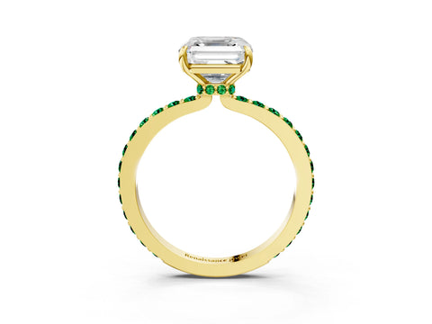 Yellow gold Asscher Cut Diamond Pavé Engagement Ring with Round with Emerald side stone Accents and Prong Setting_3