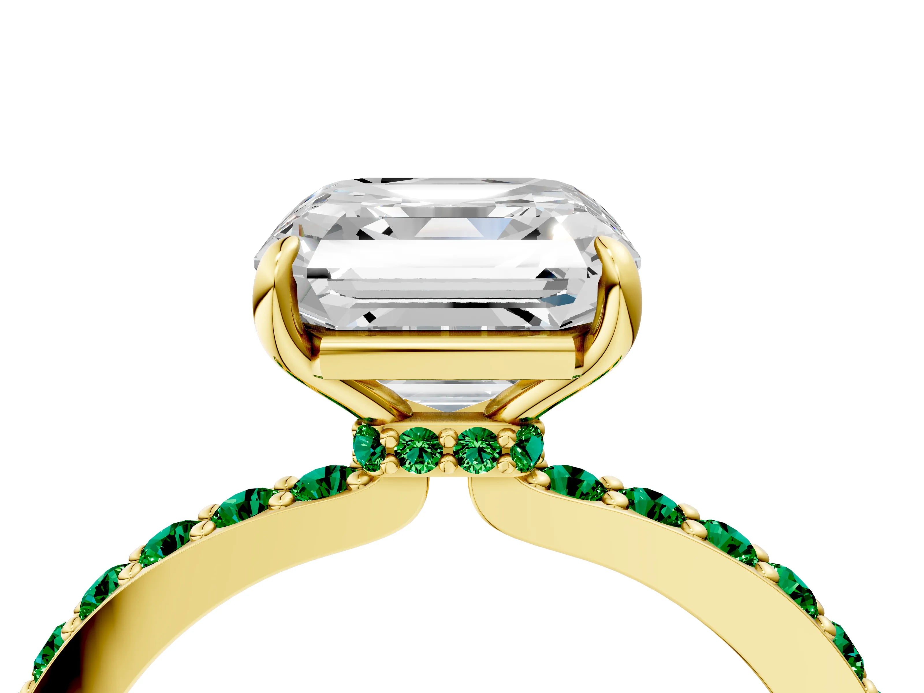 Yellow gold Asscher Cut Diamond Pavé Engagement Ring with Round with Emerald side stone Accents and Prong Setting_4
