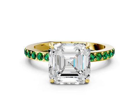 Yellow gold Asscher Cut Diamond Pavé Engagement Ring with Round with Emerald side stone Accents and Prong Setting