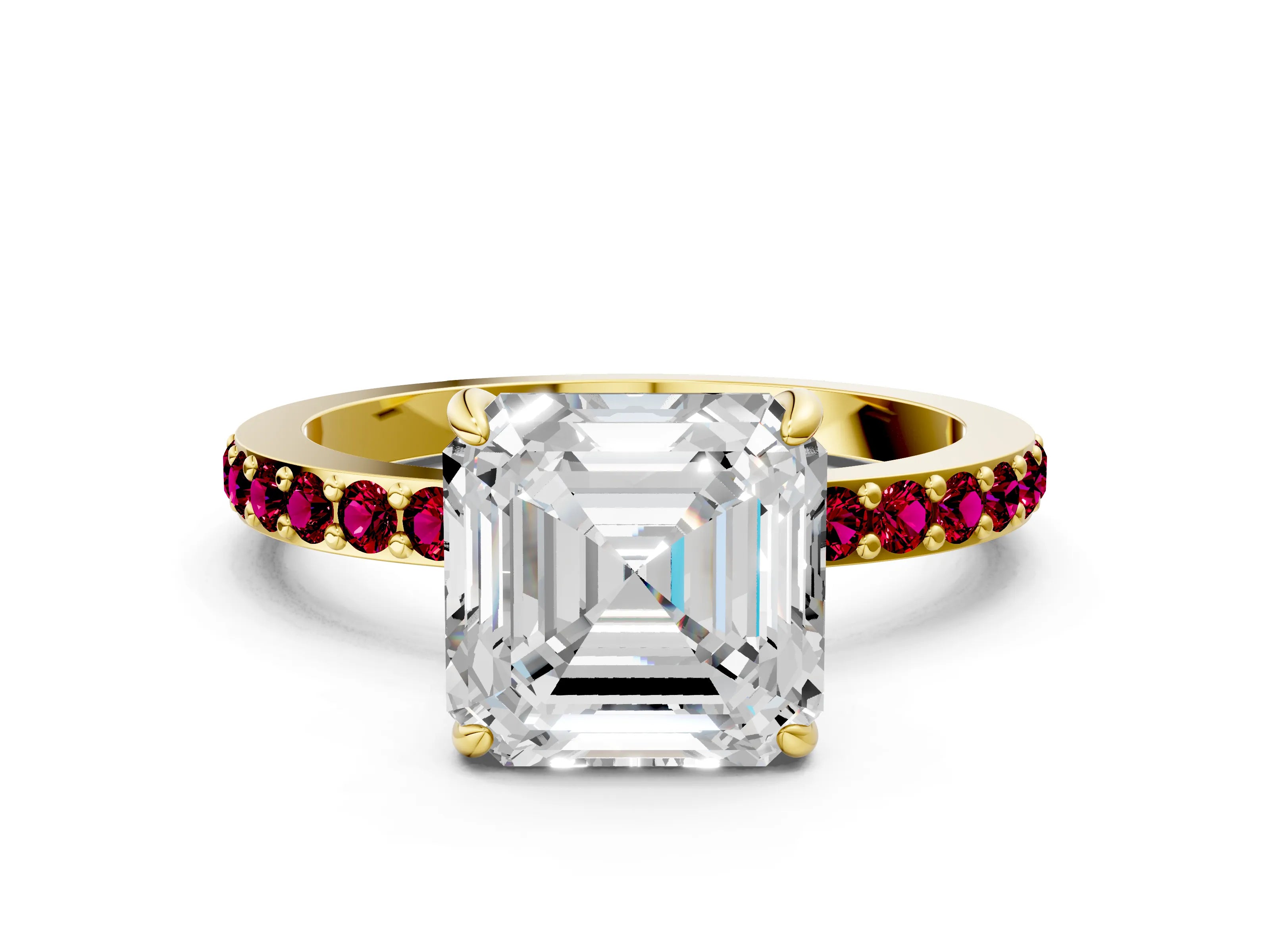 Yellow gold Asscher Cut Diamond Pavé Engagement Ring with Round with Garnet side stone Accents and Prong Setting