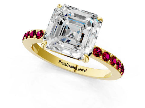 Yellow gold Asscher Cut Diamond Pavé Engagement Ring with Round with Garnet side stone Accents and Prong Setting_1