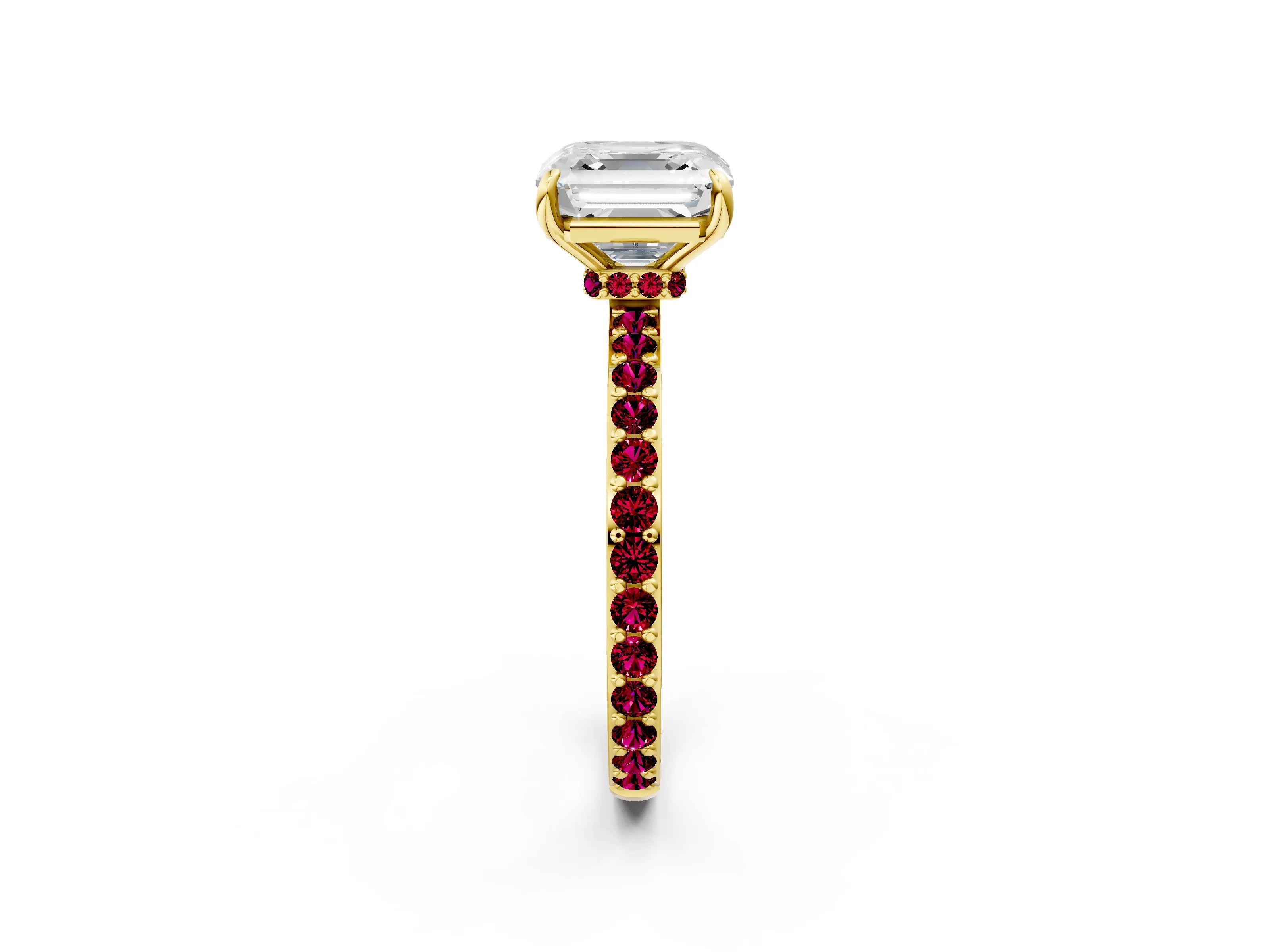 Yellow gold Asscher Cut Diamond Pavé Engagement Ring with Round with Garnet side stone Accents and Prong Setting_2