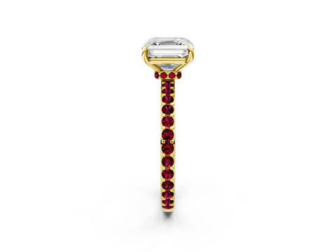 Yellow gold Asscher Cut Diamond Pavé Engagement Ring with Round with Garnet side stone Accents and Prong Setting_2