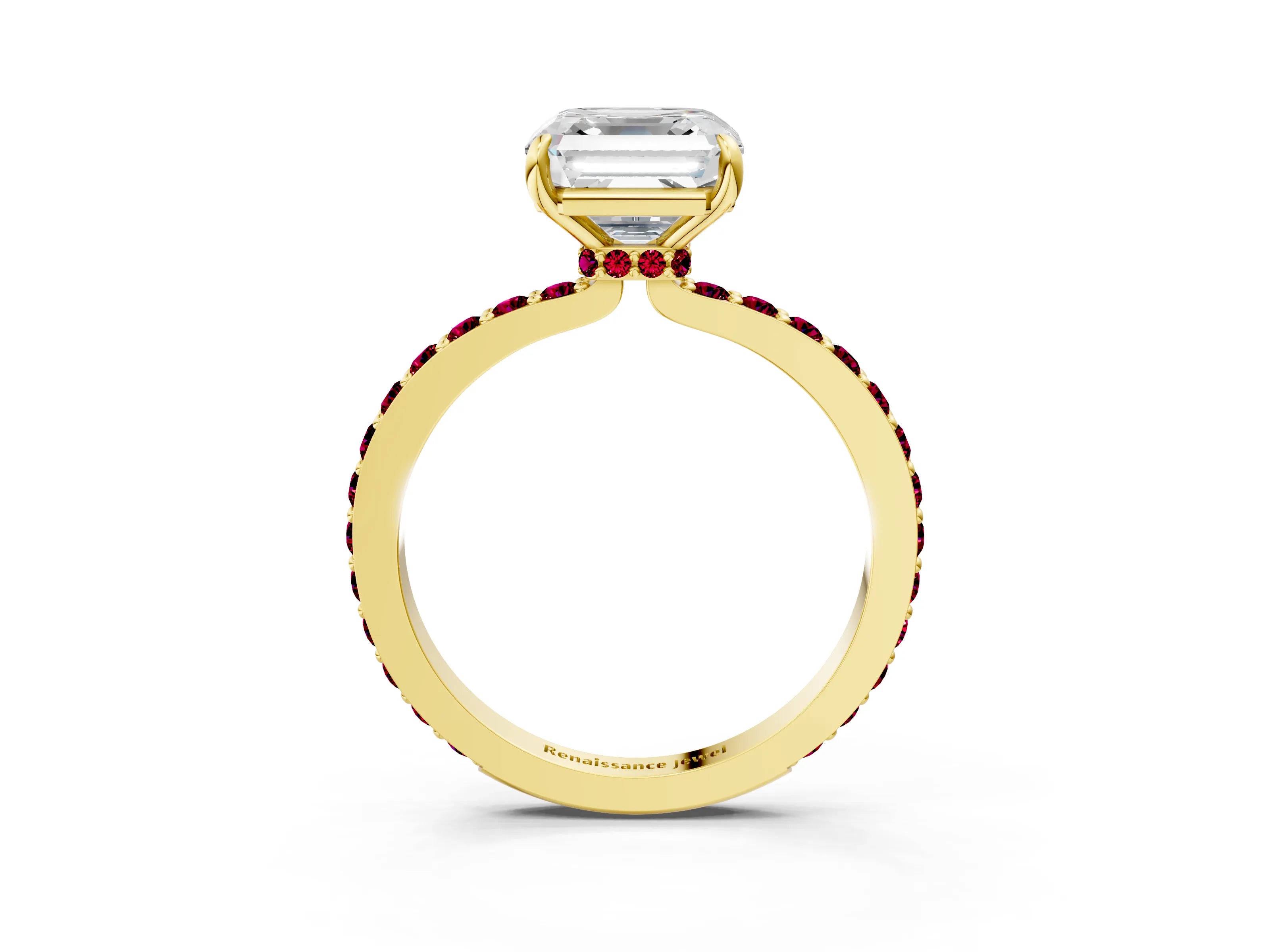 Yellow gold Asscher Cut Diamond Pavé Engagement Ring with Round with Garnet side stone Accents and Prong Setting_3