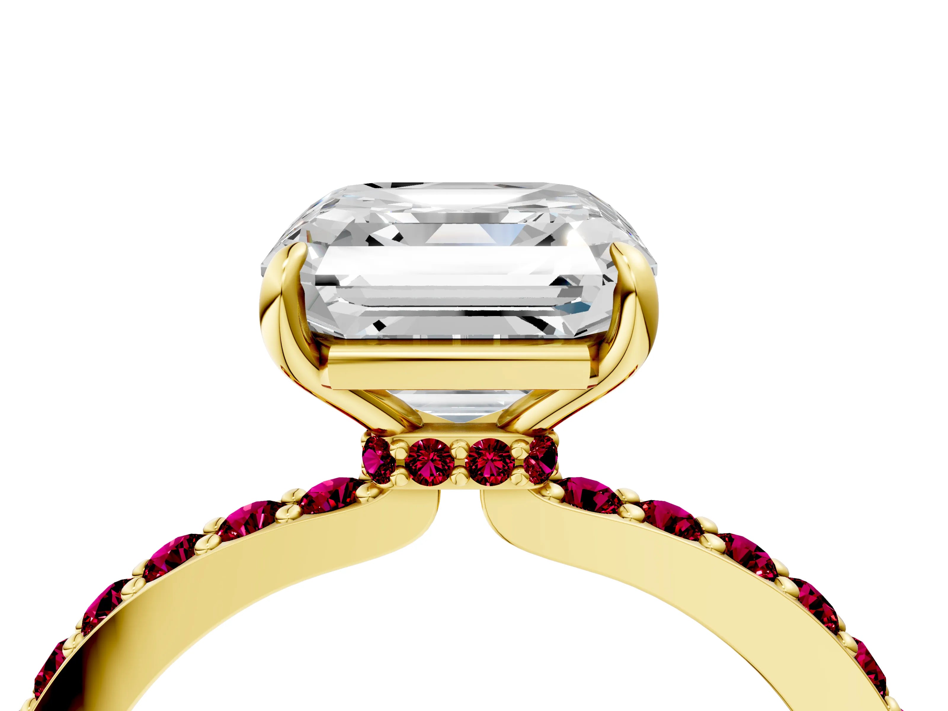 Yellow gold Asscher Cut Diamond Pavé Engagement Ring with Round with Garnet side stone Accents and Prong Setting_4