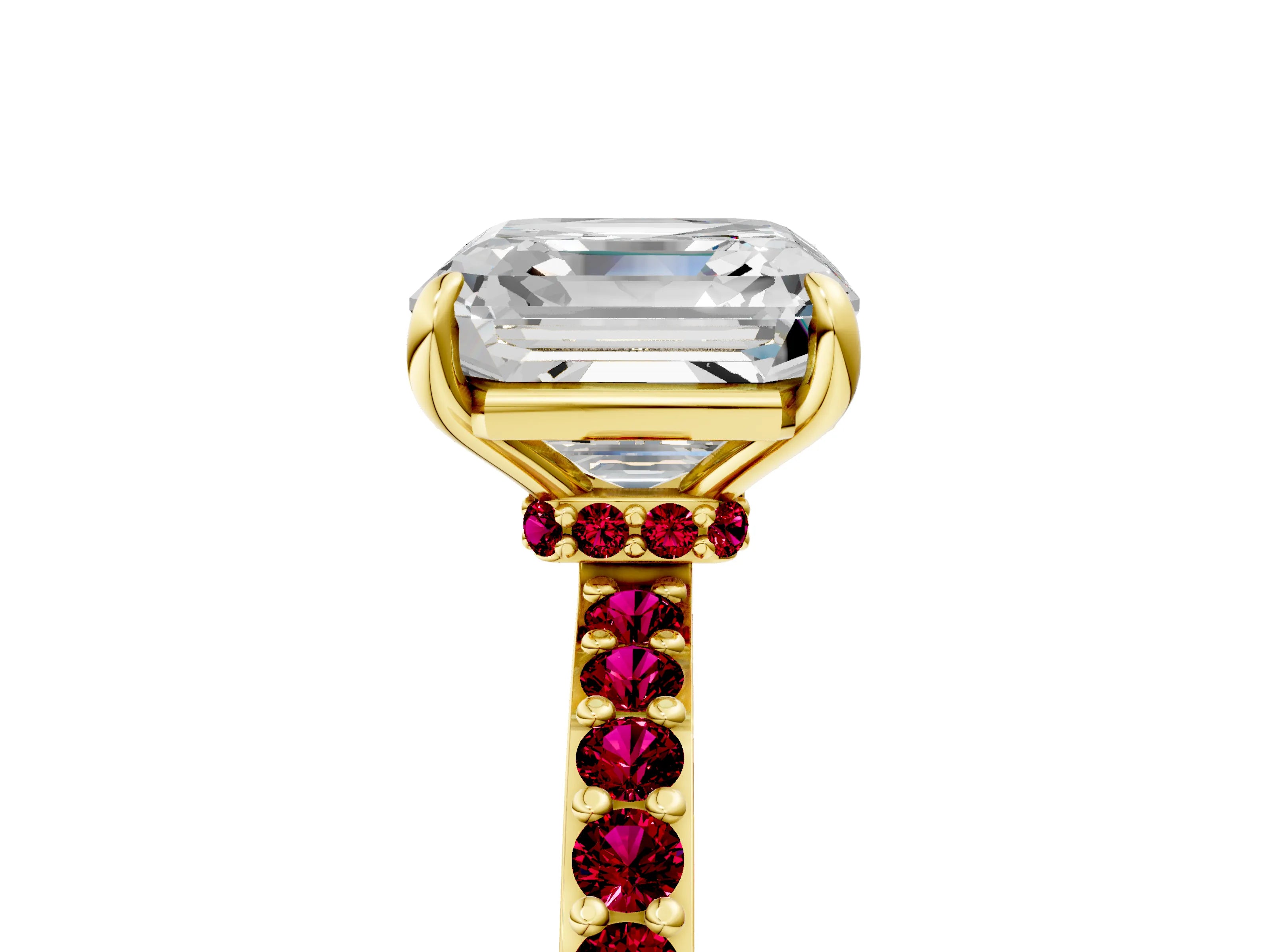 Yellow gold Asscher Cut Diamond Pavé Engagement Ring with Round with Garnet side stone Accents and Prong Setting_5