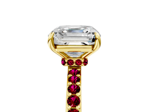 Yellow gold Asscher Cut Diamond Pavé Engagement Ring with Round with Garnet side stone Accents and Prong Setting_5