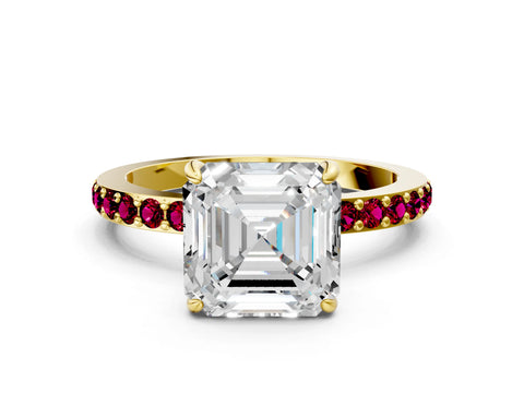 Yellow gold Asscher Cut Diamond Pavé Engagement Ring with Round with Garnet side stone Accents and Prong Setting
