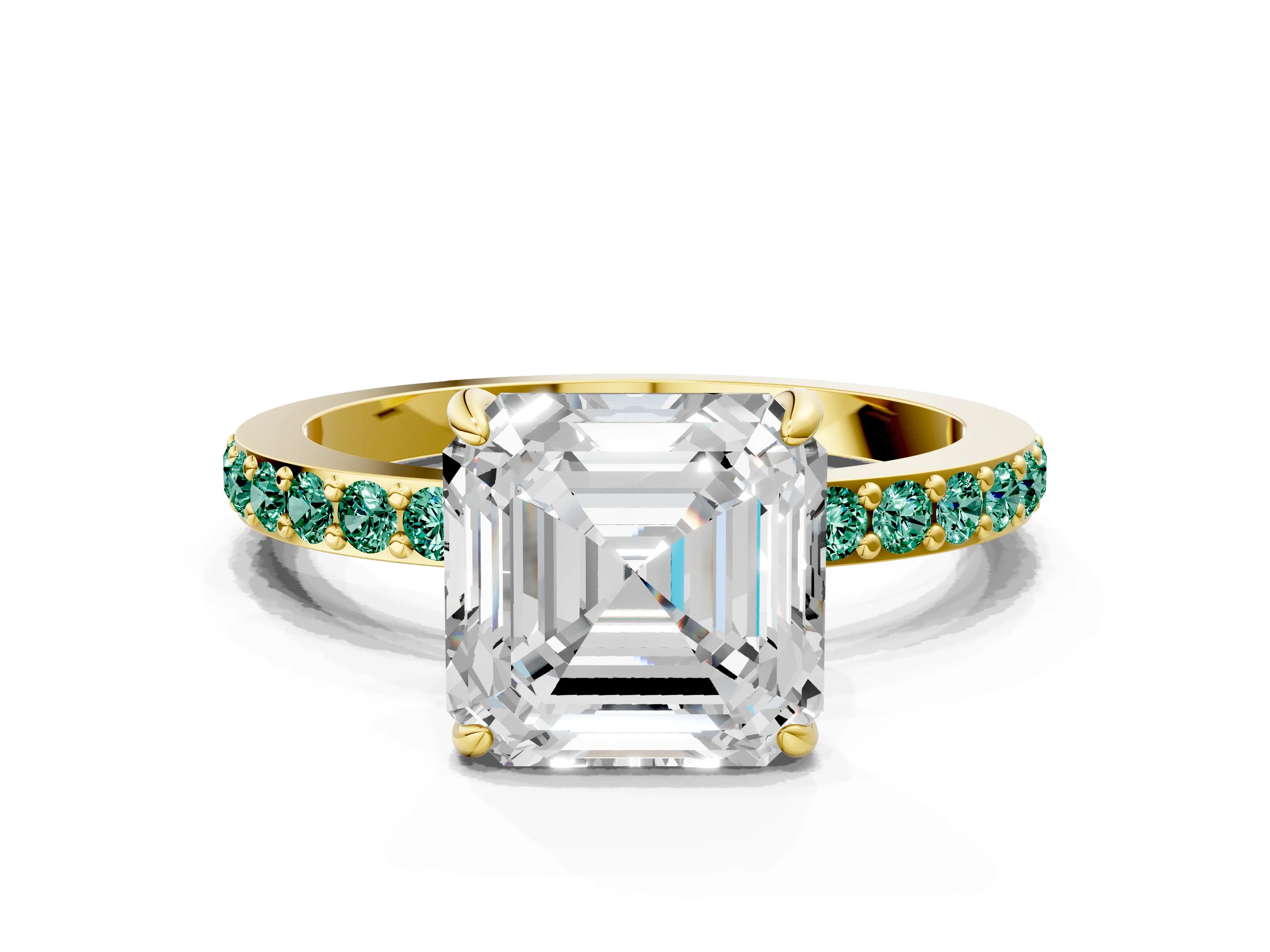 Yellow gold Asscher Cut Diamond Pavé Engagement Ring with Round with Green Sapphire side stone Accents and Prong Setting