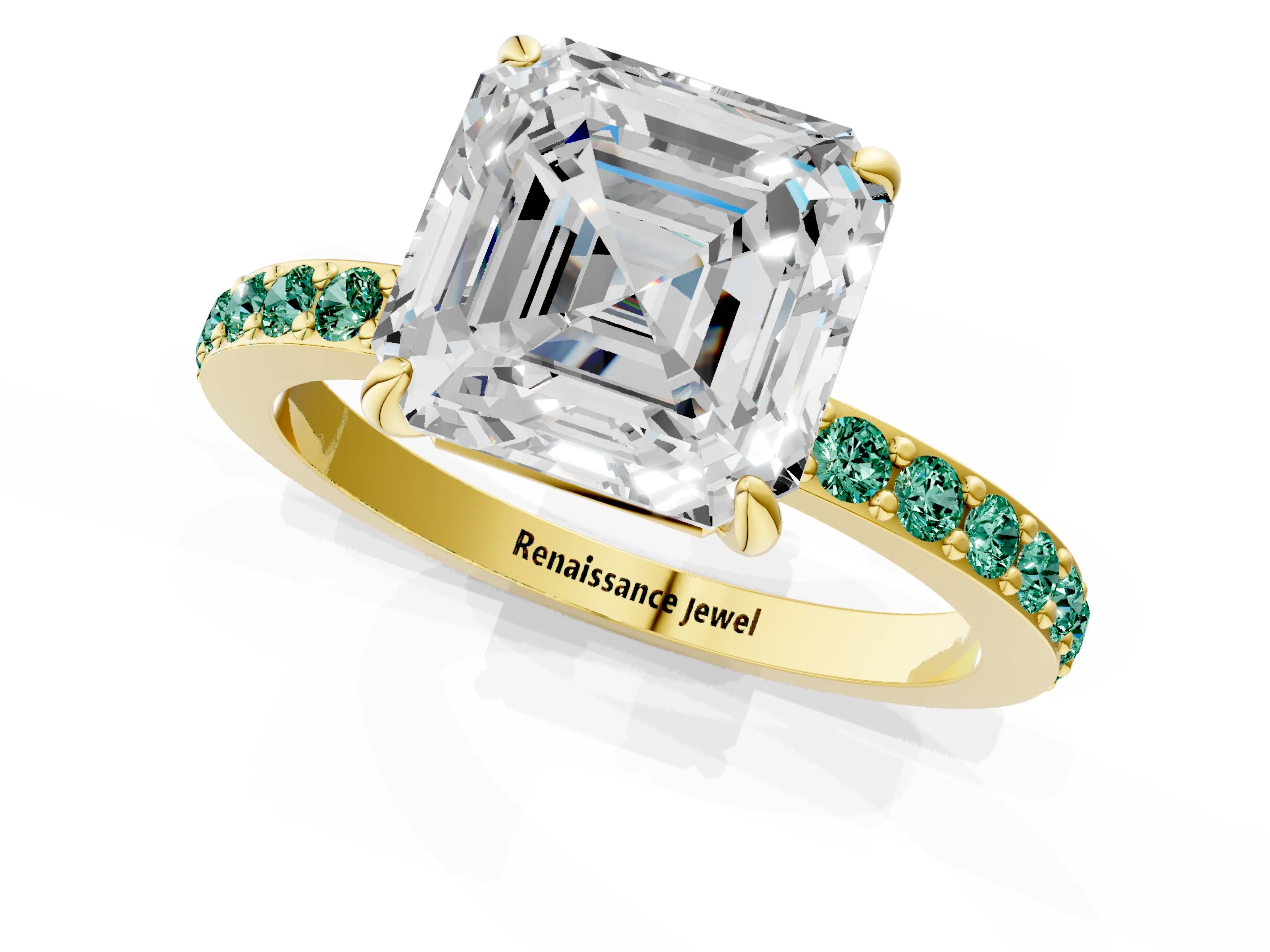 Yellow gold Asscher Cut Diamond Pavé Engagement Ring with Round with Green Sapphire side stone Accents and Prong Setting_1
