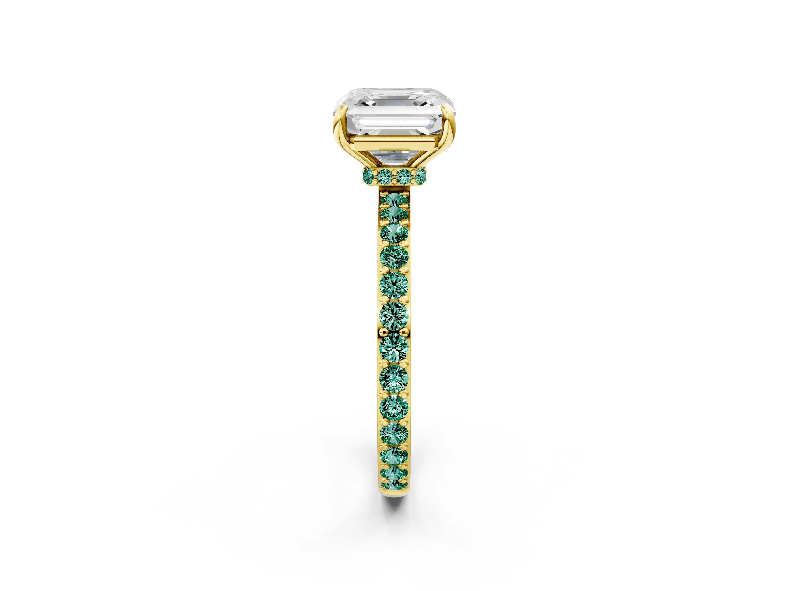 Yellow gold Asscher Cut Diamond Pavé Engagement Ring with Round with Green Sapphire side stone Accents and Prong Setting_2