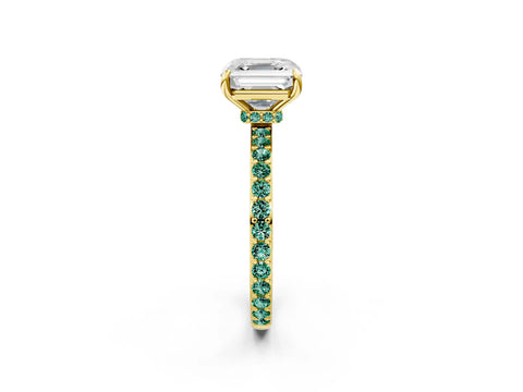Yellow gold Asscher Cut Diamond Pavé Engagement Ring with Round with Green Sapphire side stone Accents and Prong Setting_2
