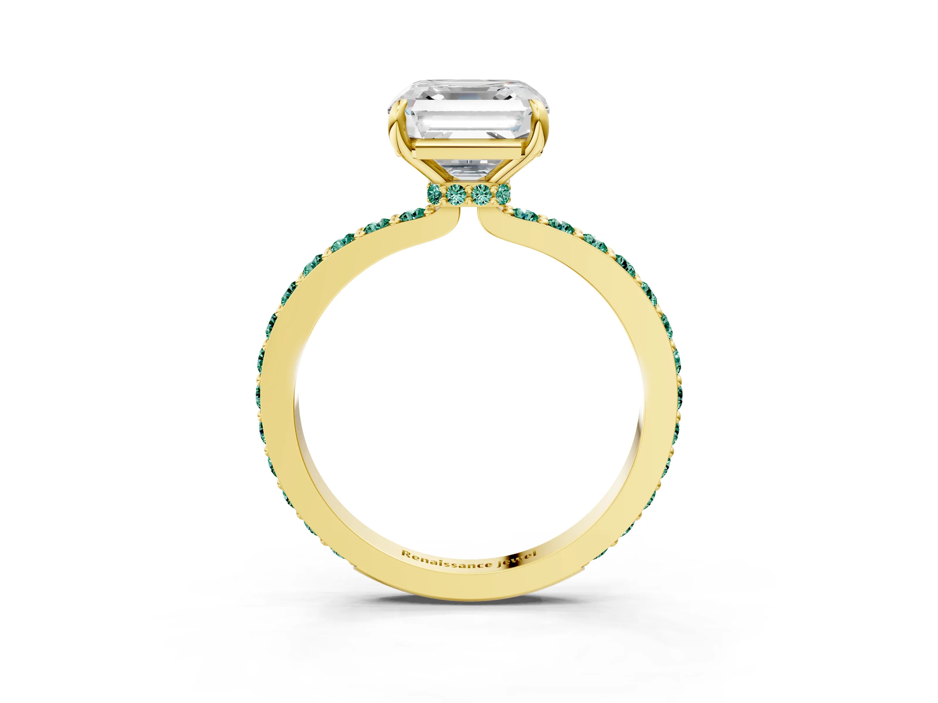 Yellow gold Asscher Cut Diamond Pavé Engagement Ring with Round with Green Sapphire side stone Accents and Prong Setting_3