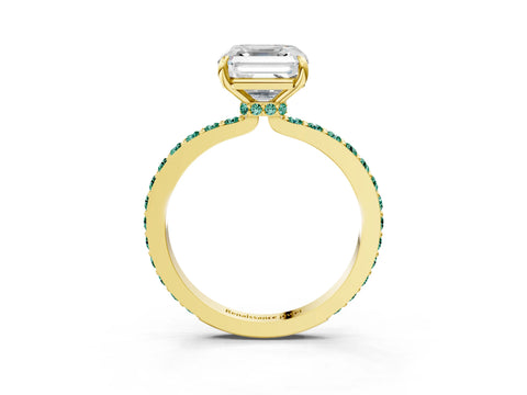 Yellow gold Asscher Cut Diamond Pavé Engagement Ring with Round with Green Sapphire side stone Accents and Prong Setting_3